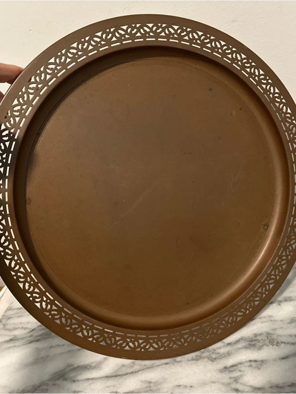 Vintage solid copper tray reticulated border 14”D